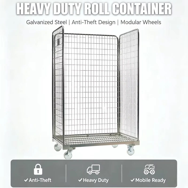3 Sides Steel Storage Warehouse Logistics 500kg Capacity Trolly Container with Multi-Directional Wheels for Easy Movement