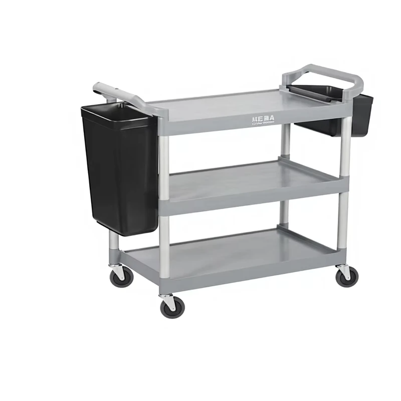 3 Tier Black Plastic Cleaning Cart 150 lb Capacity 4 Wheel Design for Hotels Restaurants Easy to Move Versatile Utility Vehicle