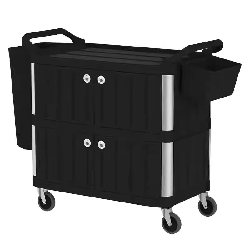 3 Tier Enclosed Storage Cart Non slip Handle 360 Swivel Caster Wheels Black PP Plastic Durable Easy Cleaning Service