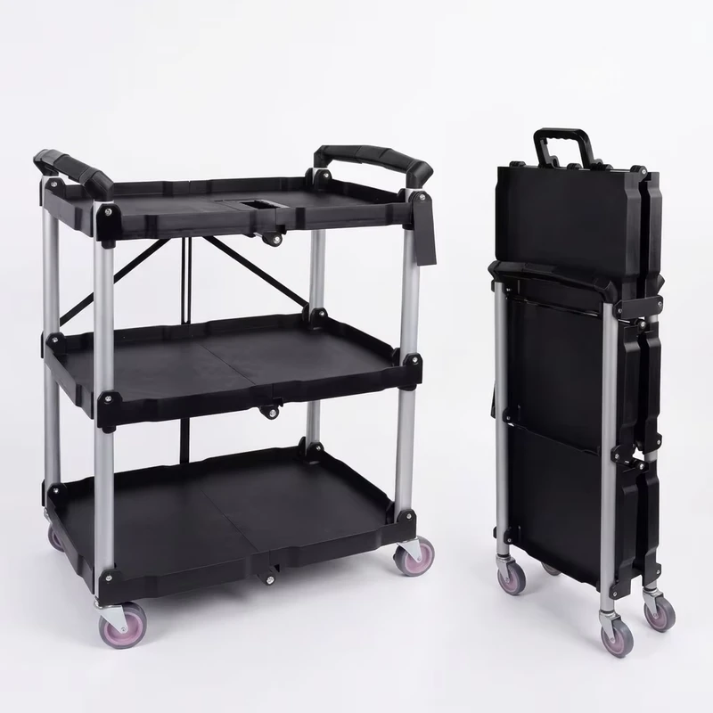 3 Tier Foldable Durable Four Wheel Service Cart with Handle Multipurpose Kitchen and Office Cart Plastic Platform OEM Trolley