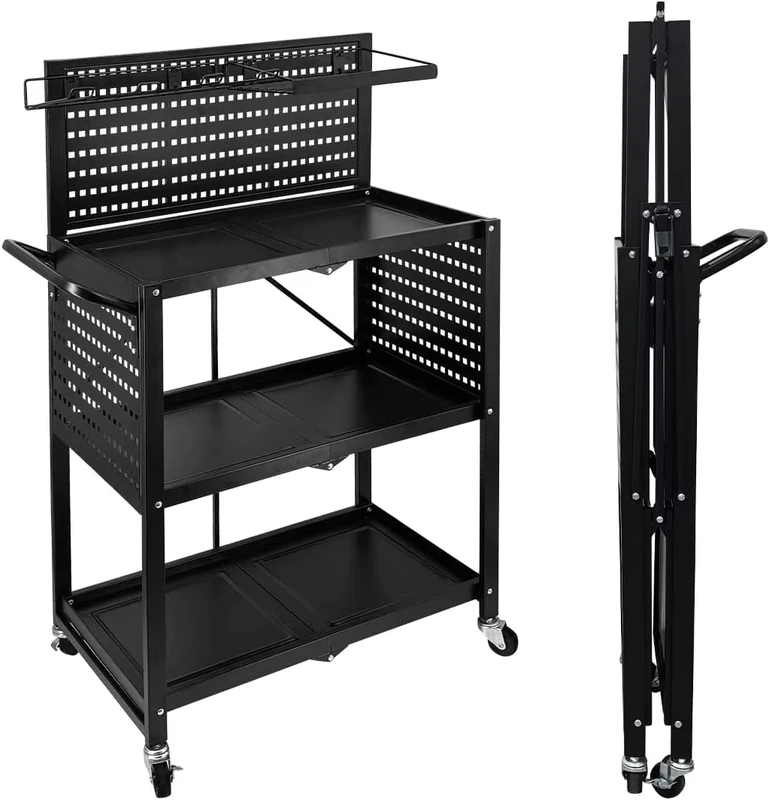 3 Tier Foldable Metal Rolling Tool Cart Utility Pegboard Organizer Power Tool Storage Garage Shelves for Cleaning Clothing