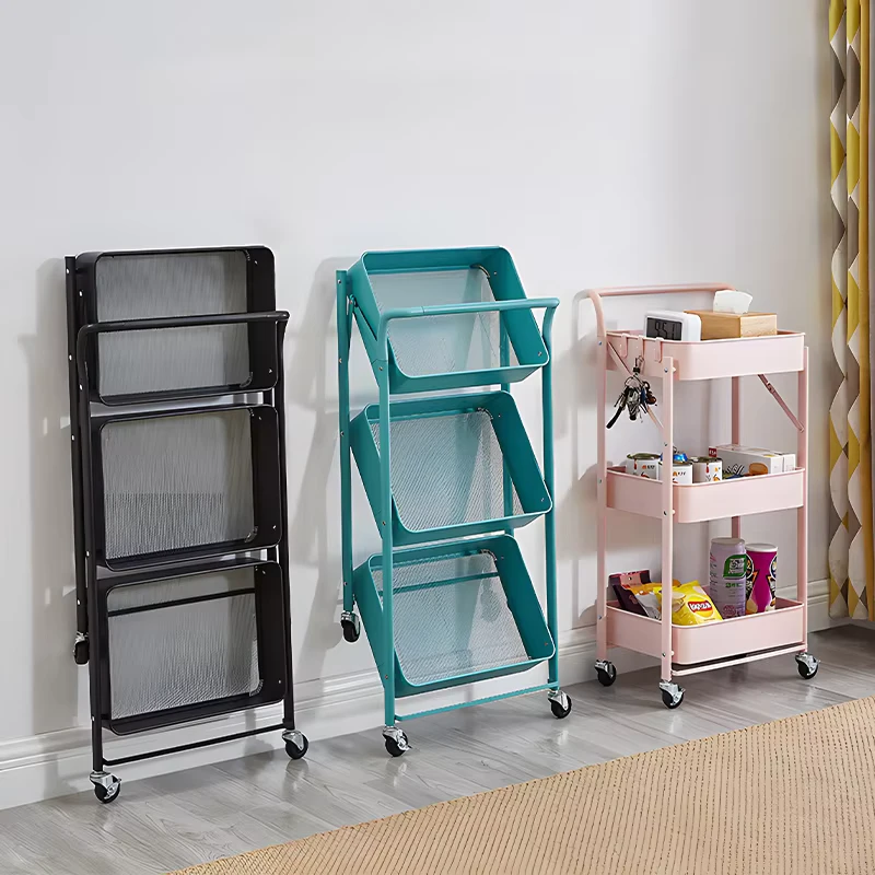 3 Tier Foldable Metal Utility Organizer Trolley Cart with Wheels Multifunction Storage for Kitchen Bathroom & Garage
