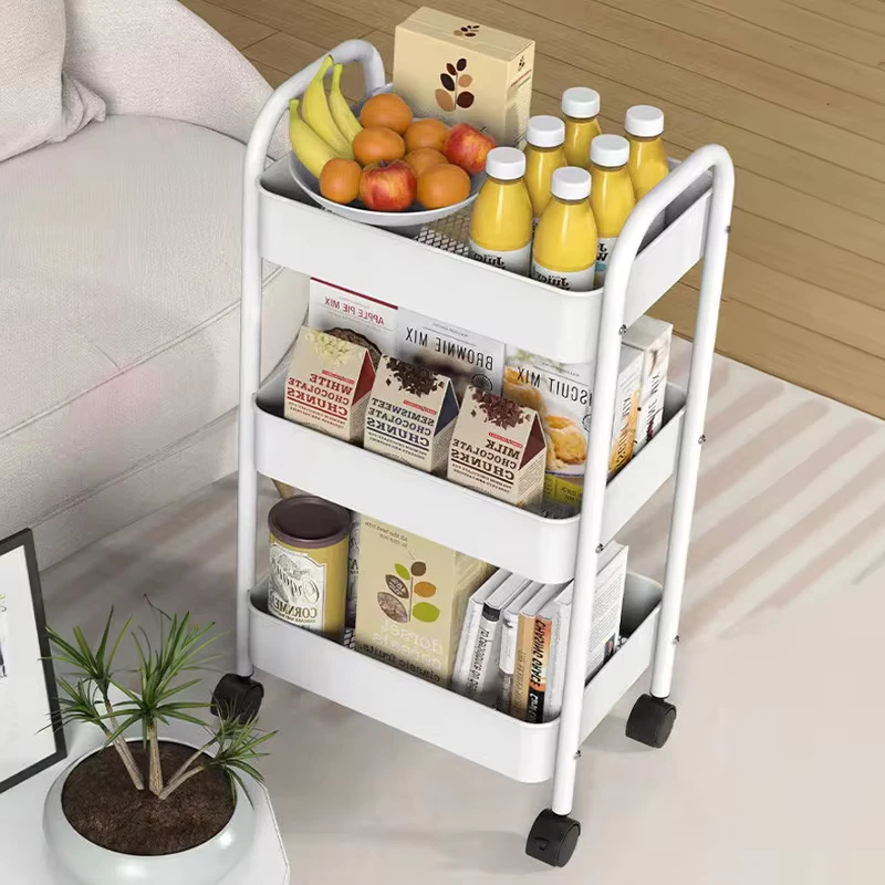 3 Tier Foldable Movable Iron Kitchen Storage Rack Organizer Trolley Rolling Utility Cart with Handle for Bathroom Living Room