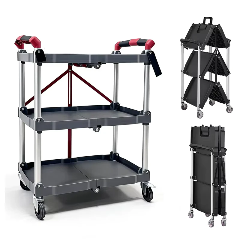 3 Tier Foldable Service Cart Heavy Duty Plastic Rolling Utility Cart with 360° Swivel Wheels Folding Service Cart