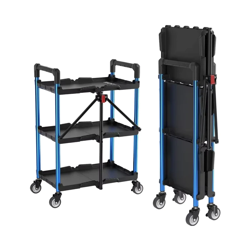 3 Tier Foldable Tool Cart with Wheels 210 Lb Capacity Portable Rolling Utility Cart for Garage and Workshop
