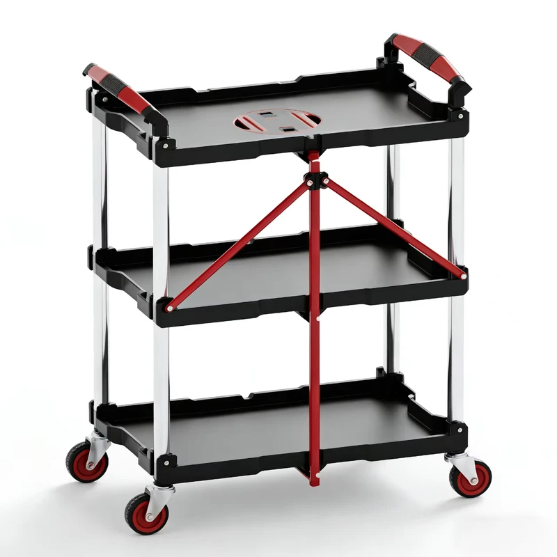 3 Tier Folding Service Cart Heavy Duty Plastic Utility Cart with Wheels for Car Wash Garage Warehouse Workshop SP00868