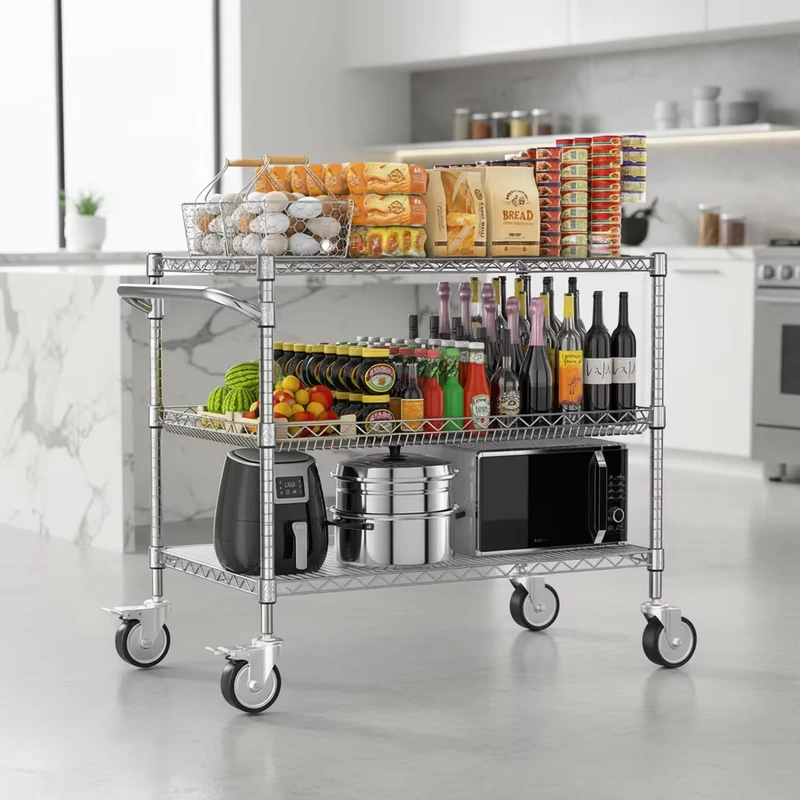 3 Tier Heavy Duty Chrome Plated Wire Rolling Cart Metal Storage Trolley Handle Lockable Wheels Multifunctional Utility Cart