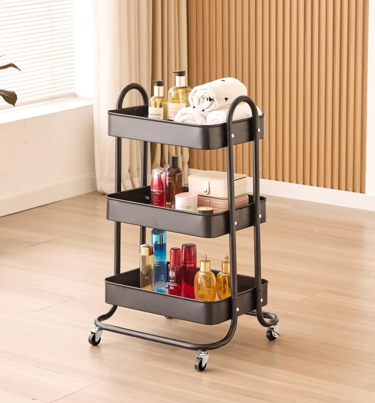 3 Tier Metal Rolling Cart Bedroom & Bathroom Storage Rack with Wheels for Kitchen & Tool Organization Versatile Movable