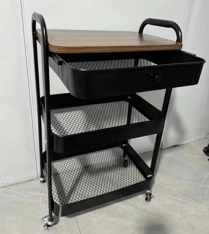 3 Tier Metal Rolling Kitchen Storage Trolley with Drawer Bedroom Storage Rack Durable and Practical Metal Cart