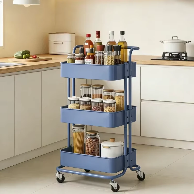 3-Tier Metal Rolling Storage Cart, Navy Blue, White, Black, Utility Trolley with Wheels for Kitchen Bathroom Office