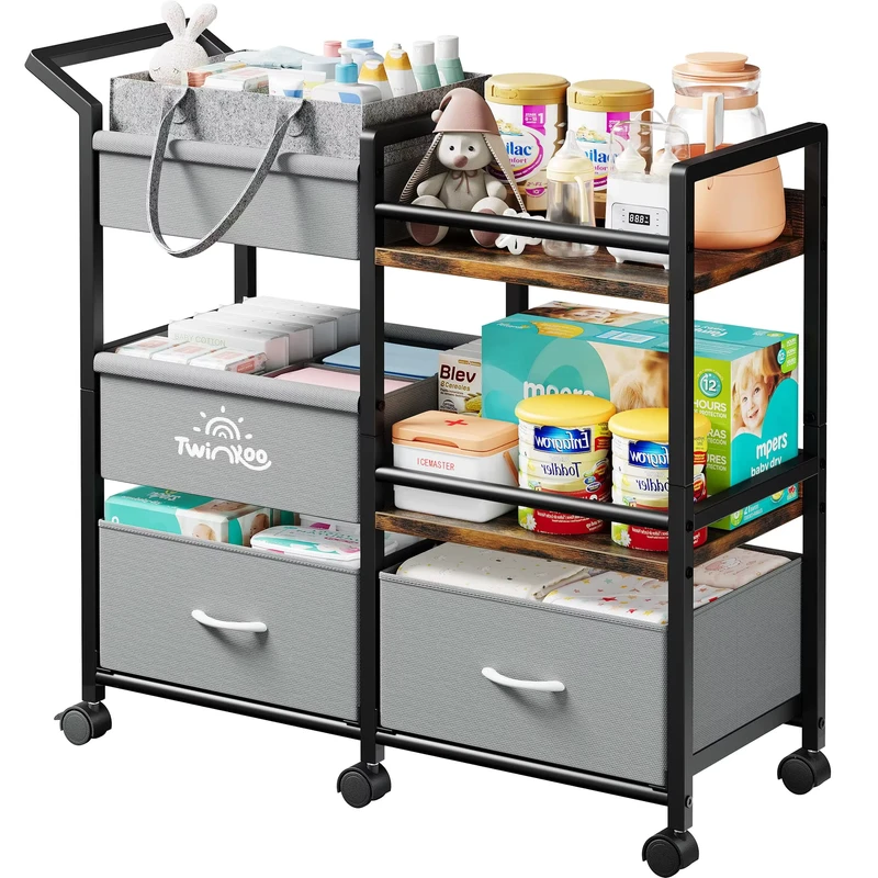 3 Tier Metal Rolling Utility Cart Dividers Drawers Easy Assembly Mobile Wheels Nursery Bedroom Use Multifunctional Modern Design