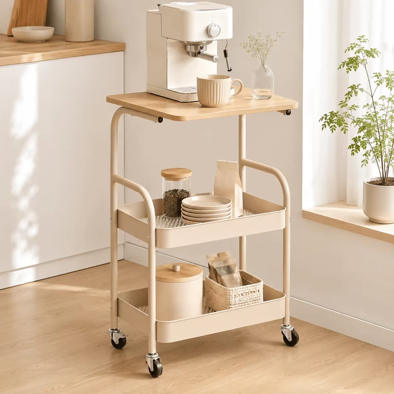 3 Tier Metal Rolling Utility Cart with Wooden Top and Lockable Wheels for Kitchen Storage