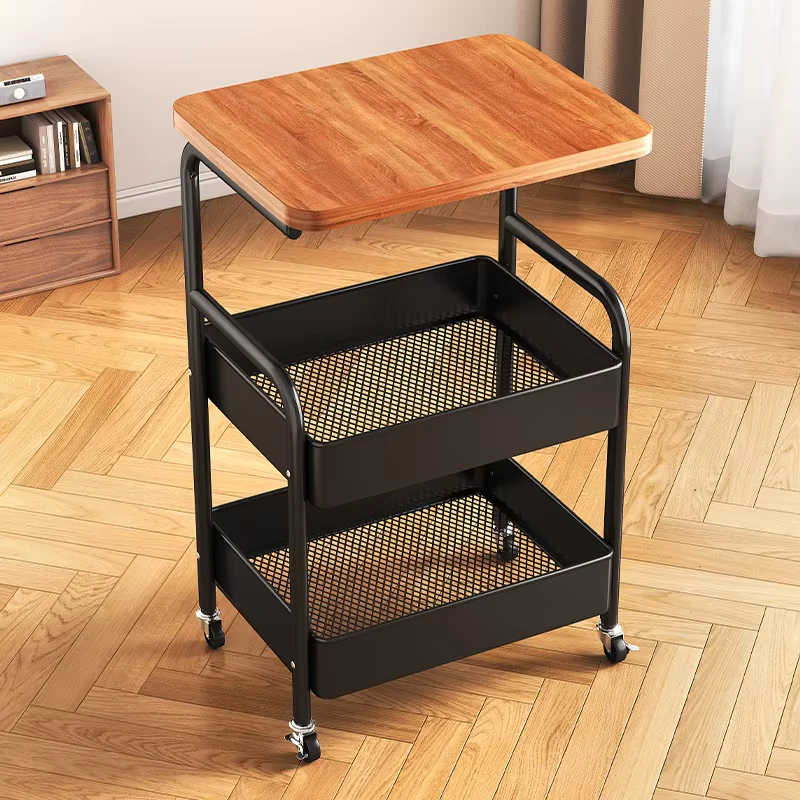 3 Tier Metal Utility Cart Wooden Tabletop Rolling Storage Organizer Cart Lockable Wheels for Kitchen Bedroom