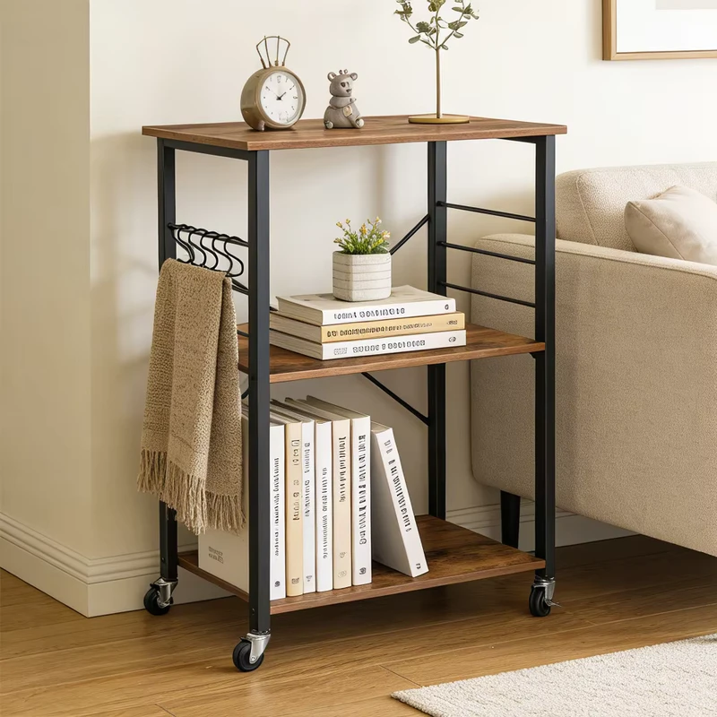 3 Tier Multifunctional Kitchen Cart Wooden & Metal Rolling Utility Wheels Trolley with Storage Hooks