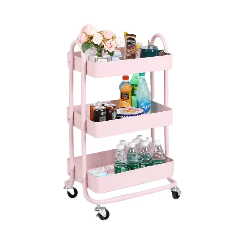 3 Tier Pink Steel Household Storage Rolling Cart with Metal Handle Convenient Trolley Cart