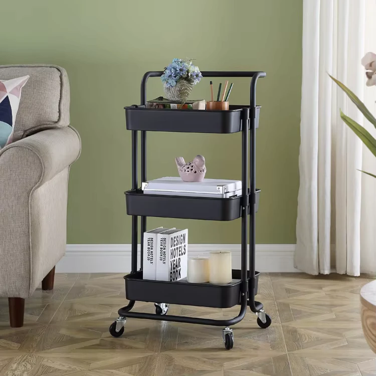 3 Tier Plastic Rolling Utility Cart Simple Standing Type for Household Storage and Kitchen Snack Small Cart Rack for Food Use