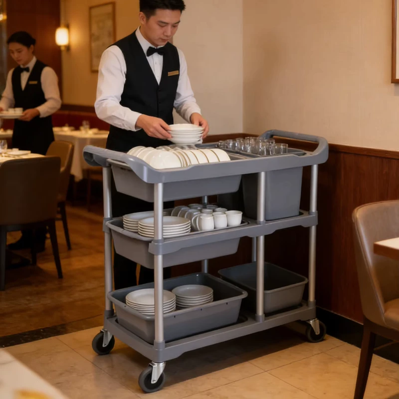 3 Tier Plastic Service Cart for Hotel Restaurant Kitchen Use Grey Black Model 498562