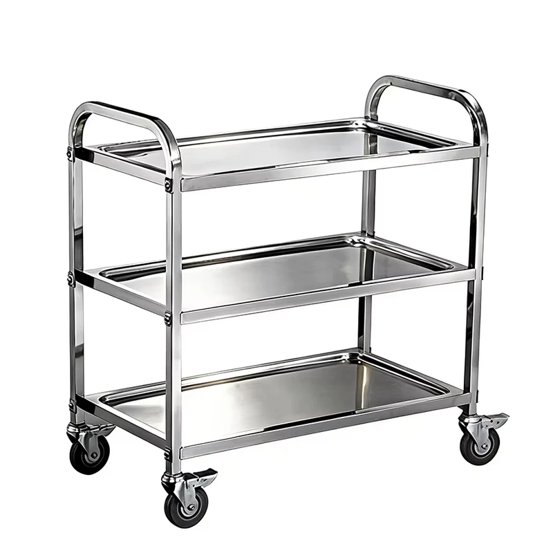 3 Tier Polished Stainless Steel Utility Cart Catering Trolley with Casters Non Magnetic Square Tube Meal Cart