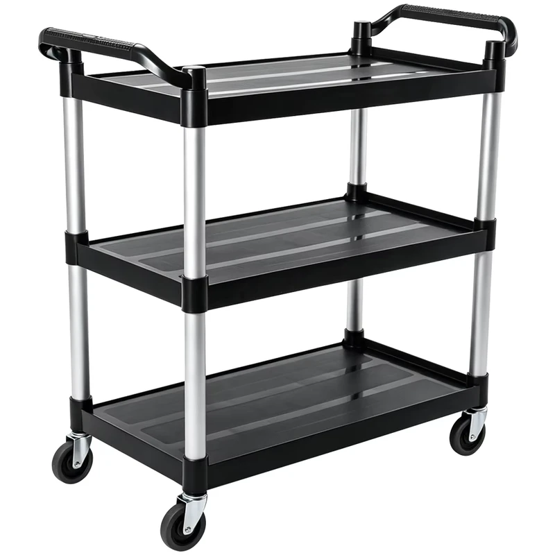 3 Tier Restaurant Kitchen Hotel Household Plastic Utility Bus Cart Food Serving Trolley Black Grey