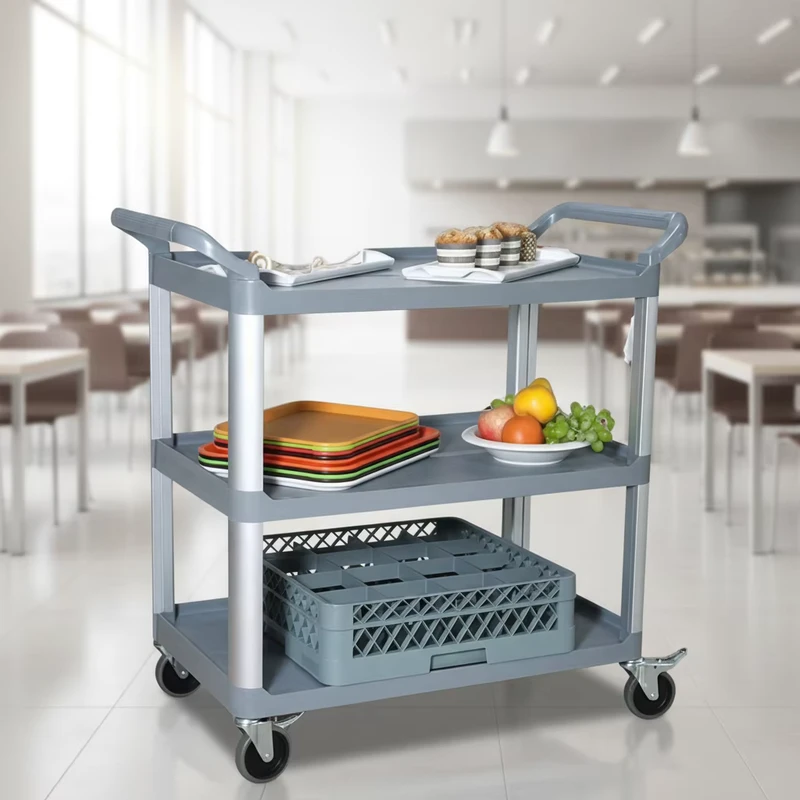 3 Tier Restaurant Kitchen Hotel Household Plastic Utility Bus Cart Food Serving Trolley Black/Grey