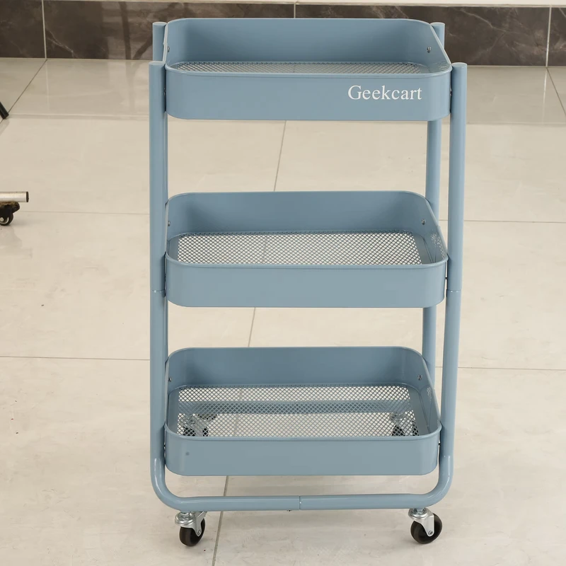 3 Tier Rolling Cart Metal Heavy Duty Utility Cart with Silent Caster Lockable Wheels Blue