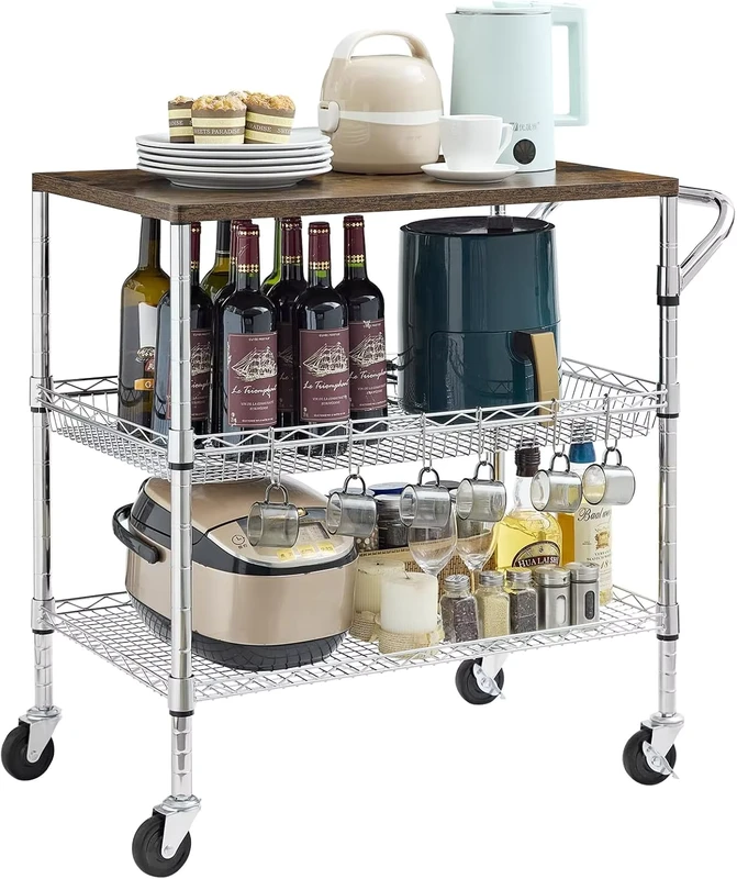 3 Tier Rolling Stainless Steel Kitchen Utility Cart with Handle Wooden Board Practical Shelving and Food Storage