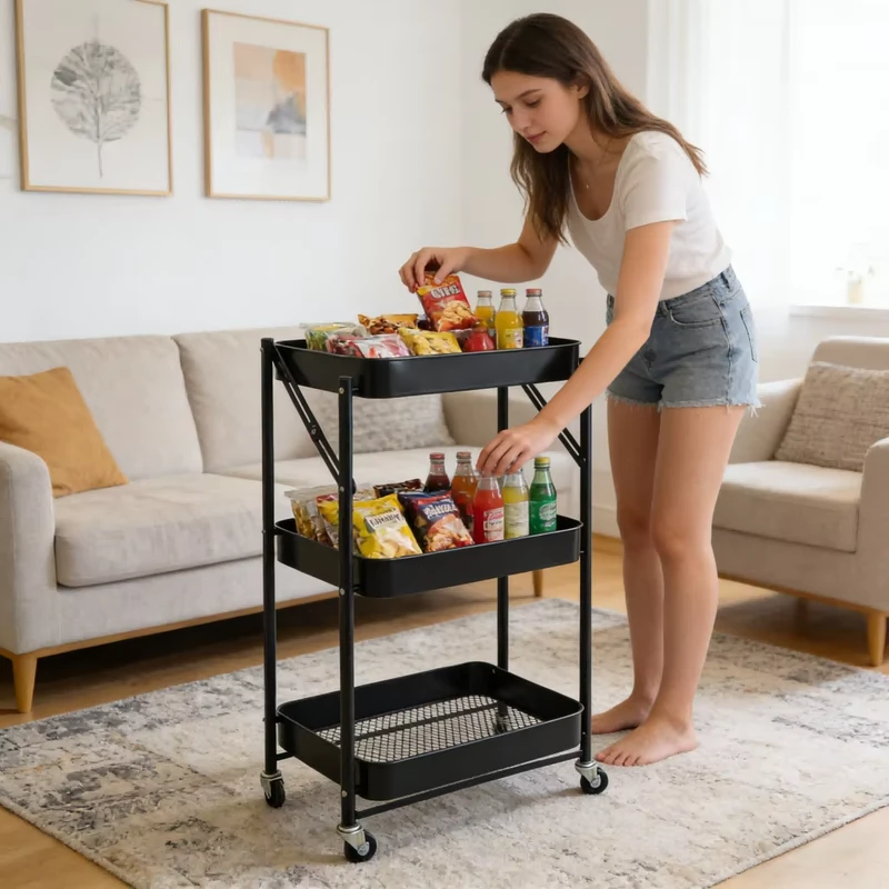 3 Tier Rolling Storage Cart 45*29*77cm Metal Utility Cart with Lockable Wheels for Kitchen Bathroom Home Office