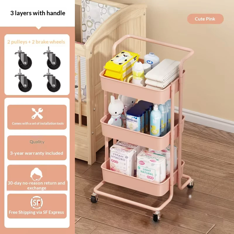 3 Tier Rolling Utility Cart Adjustable Metal Storage Shelf with Wheels Multifunctional Organizer for Bathroom Laundry Office