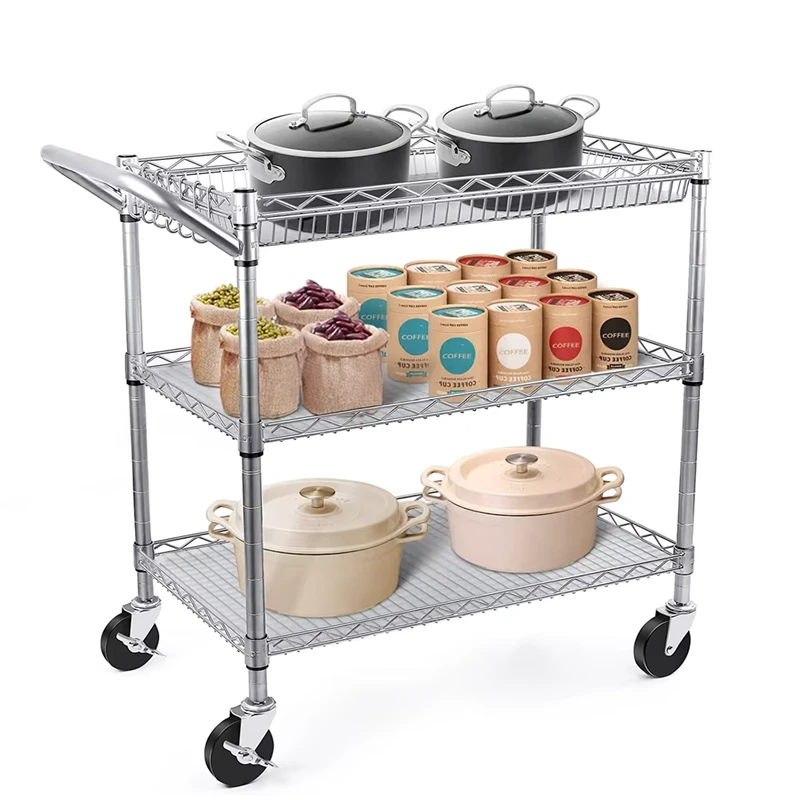3 Tier Rolling Utility Cart Kitchen Metal Utility Carts with Handle Bar Commercial Grade Wire Shelving Storage Cart