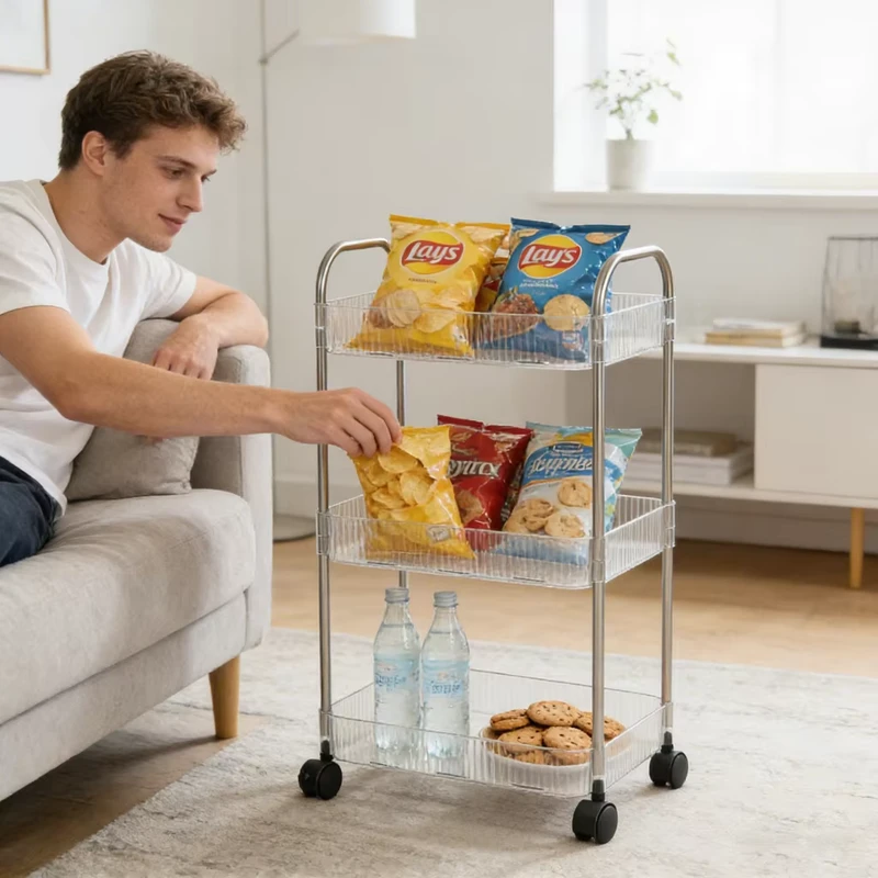 3 Tier Rolling Utility Cart Metal Storage Trolley with Handle Multifunctional Service Cart for Kitchen Bathroom Bedroom