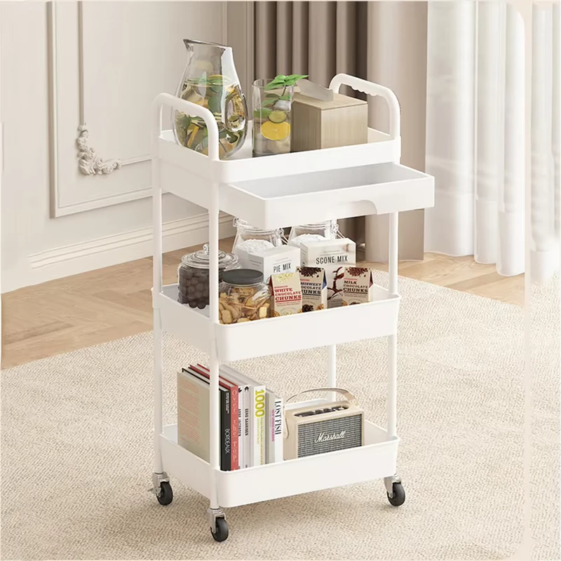 3 Tier Rolling Utility Cart with Drawer Utility Storage Organizer with Lockable Wheels Plastic Storage Cart for Kitchen