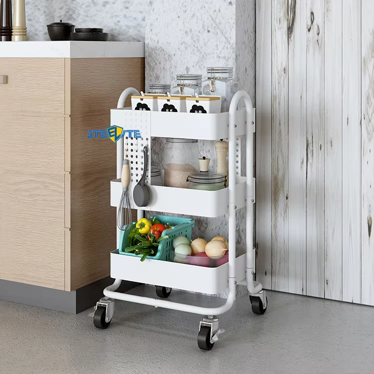 3 Tier Rolling Utility Storage Trolley Stainless Steel Multifunction Service Cart with Mesh Basket Handles and Wheels