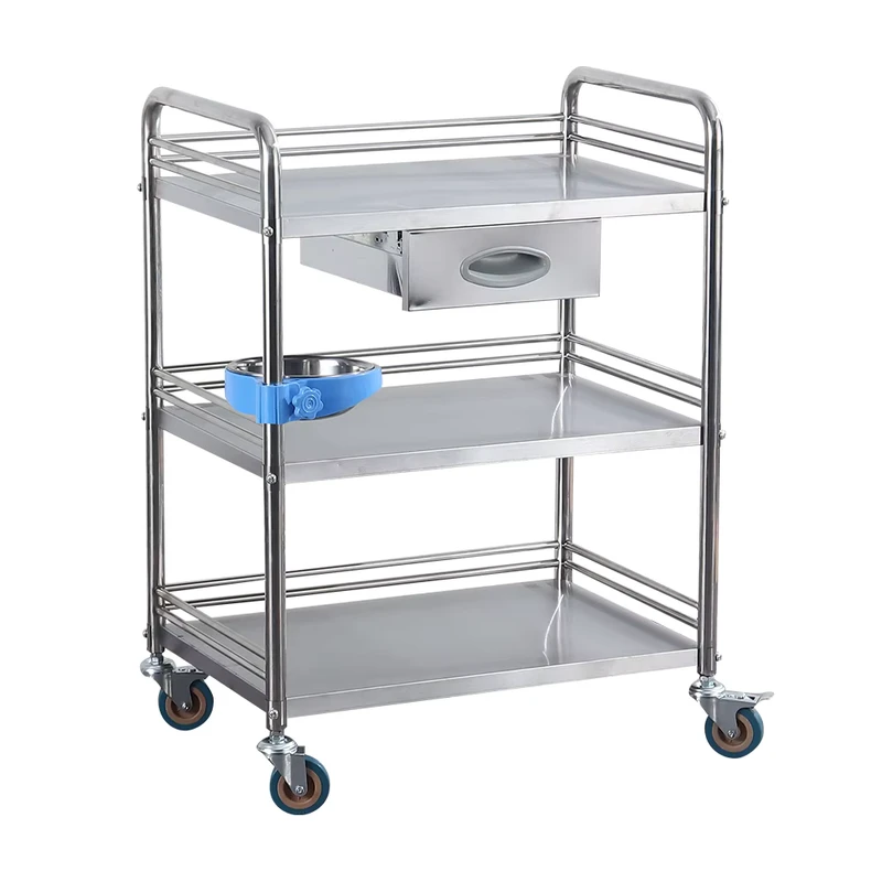 3 Tier Stainless Steel Hospital Disassemble Cart Single Drawer with Basin Rack for Clinic Ward