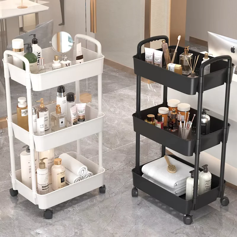 3 Tier Storage Trolley Cart on Wheels Plastic Mobile Rolling Trolley for Kitchen Bathroom Laundry