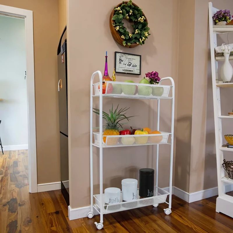 3 Tier Wheeled Trolley Toilet and Snack Storage Rack Living Room Mobile Utility Rolling Cart for Kitchen Food Spice Storage