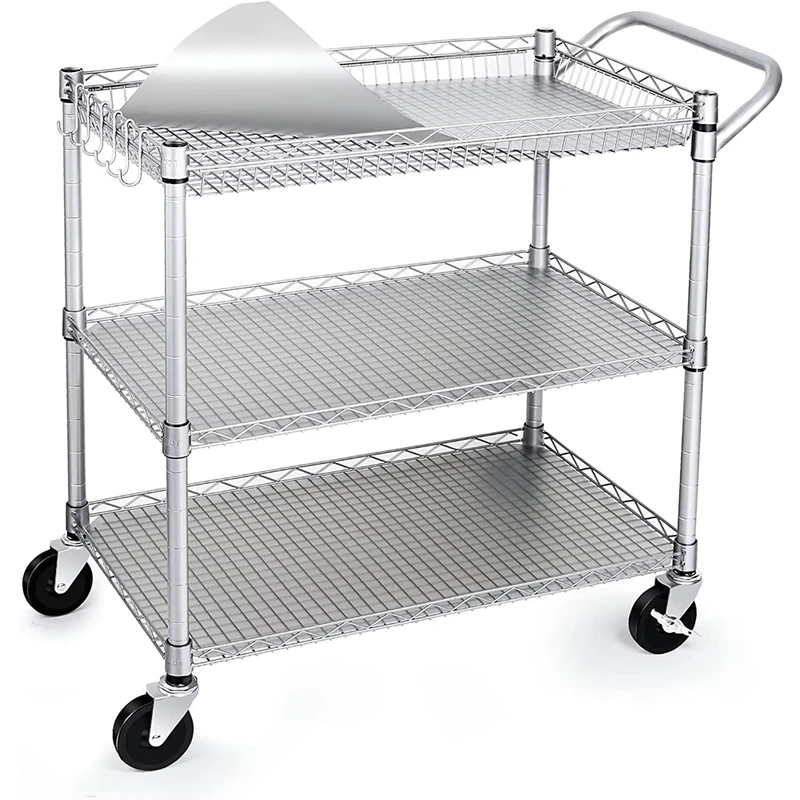 3 Tier Wire Utility Cart Rolling Service Trolley for Kitchen Hotel Hospital