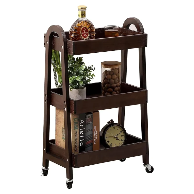 3 Tier Wooden Rolling Cart Utility Storage Trolley Organizer with Wheels Kitchen Furniture Serving Cart