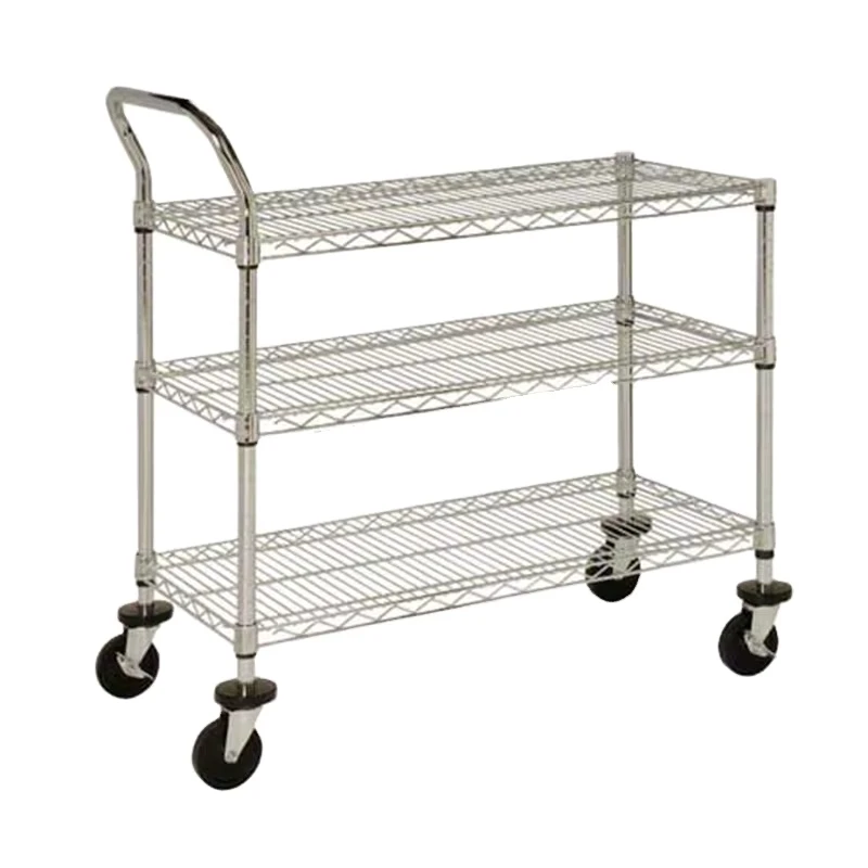 3 Tiers Commercial Heavy Duty Chrome Steel Physical Distribution Used Wire Shelving Utility Trolley Cart