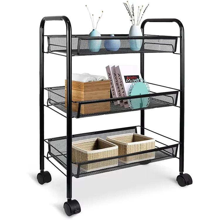 3 Tiers Metal Utility Cart Home Kitchen Mobile Hand Push Rolling Storage Trolley Cart with Double Pegboard
