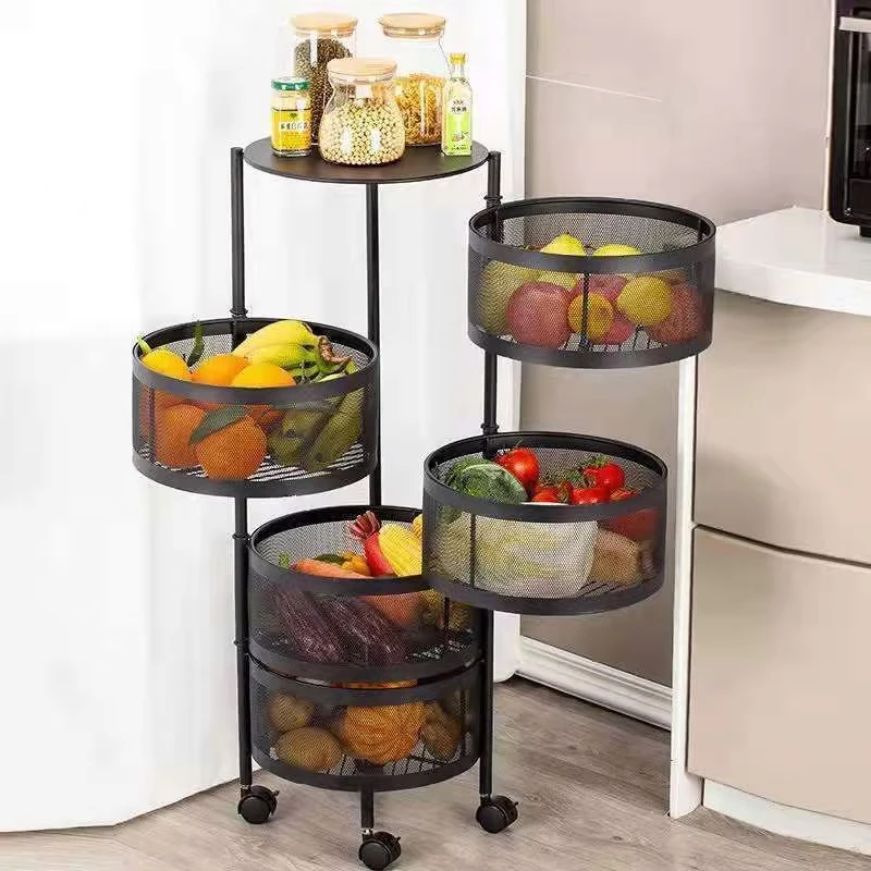 3 Tiers Multifunction Storage Shelf Rotating Rolling Kitchen Trolley Cart Fruit Basket