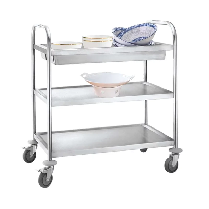 3 Tiers Stainless Steel Mirror Polished Tube Food Service Cart Hotel Restaurant Serving Trolley 100mm Wheels 50 80kg Capacity