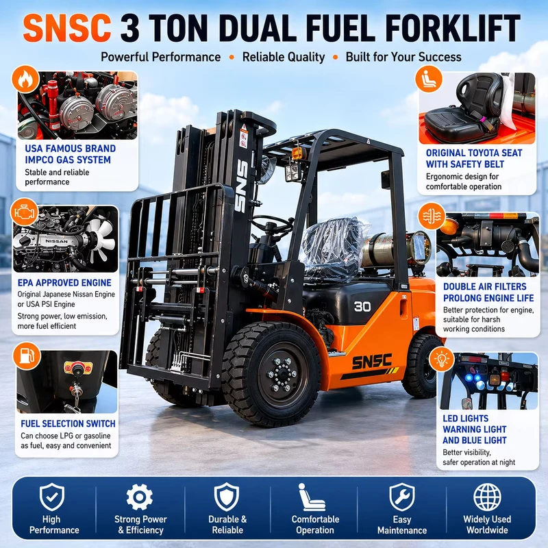 3 Ton LPG Petrol Counterbalance Forklift 6600LBS Capacity for Warehouse and Manufacturing Operations