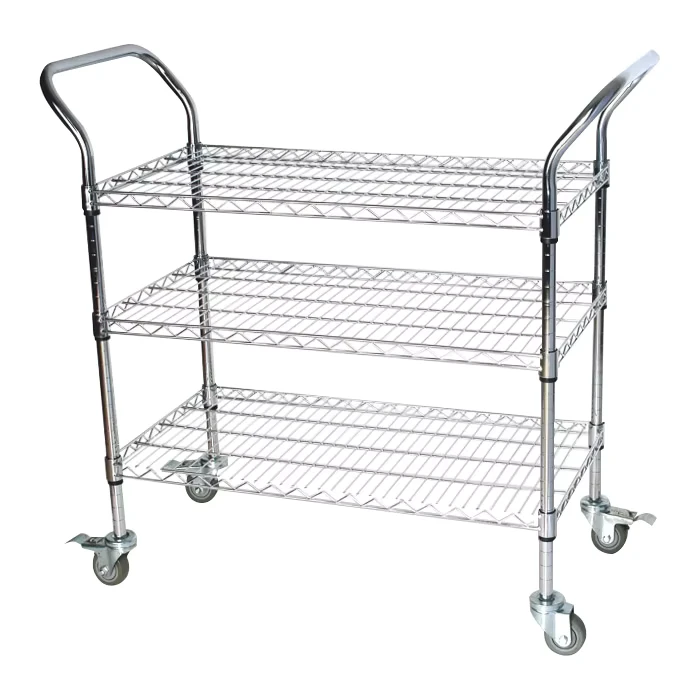 3 Wire Shelves Chrome Steel Storage Industrial Utility Cart Multifunction Delivery Trolley With Handle for Transport