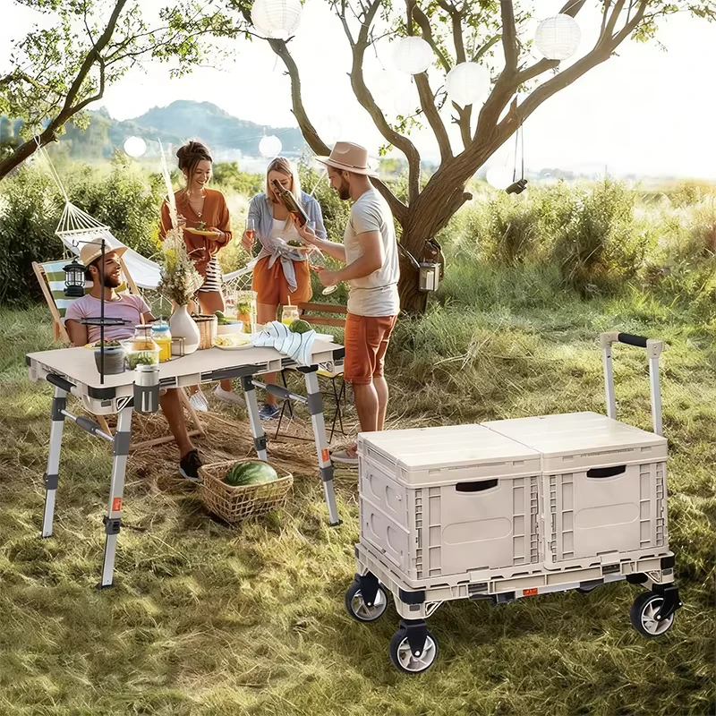 3 in 1 Multi Purpose Camping Table Portable Outdoor Picnic Table Utility Cart Wagon with 5.4″ Wheels