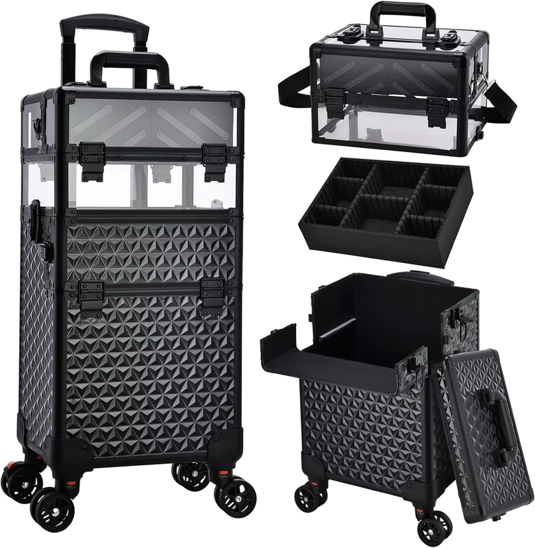 3 in 1 Rolling Makeup Train Case Large Capacity Makeup Trolley Salon Barber Traveling Trunk Suitcase for Cosmetology