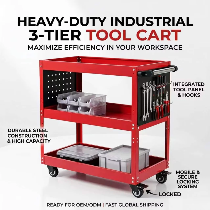 3 layer Large Capacity Tool Storage Cart with Hanging Board Movable Workshop Tool Rolling Utility Cart