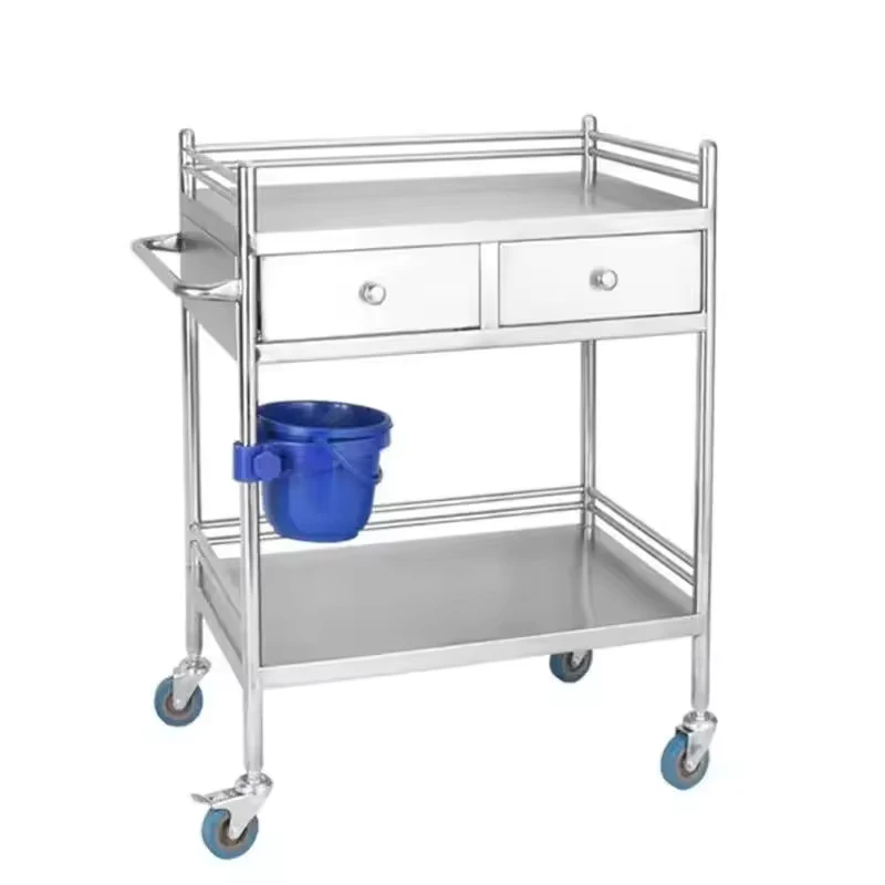 3 tier 304 Stainless Steel Hospital Medicine Trolley Treatment Cart Instrument Trolley with 2 Drawers
