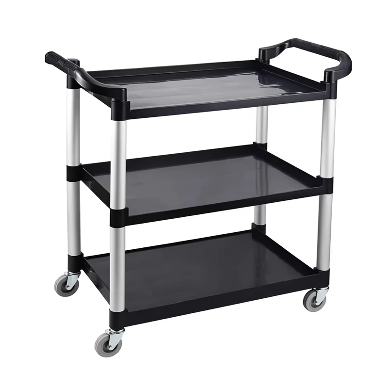 3-tier Plastic Catering Serving Utility Cart Commercial Restaurant Food Service Rack Trolley Grey/Black 86x42x91cm