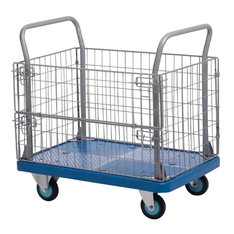 300kg Grid Mesh Plastic Silent Durable Logistics Turnover Trolley With Detachable Cage Platform Storage Cart 600*900mm