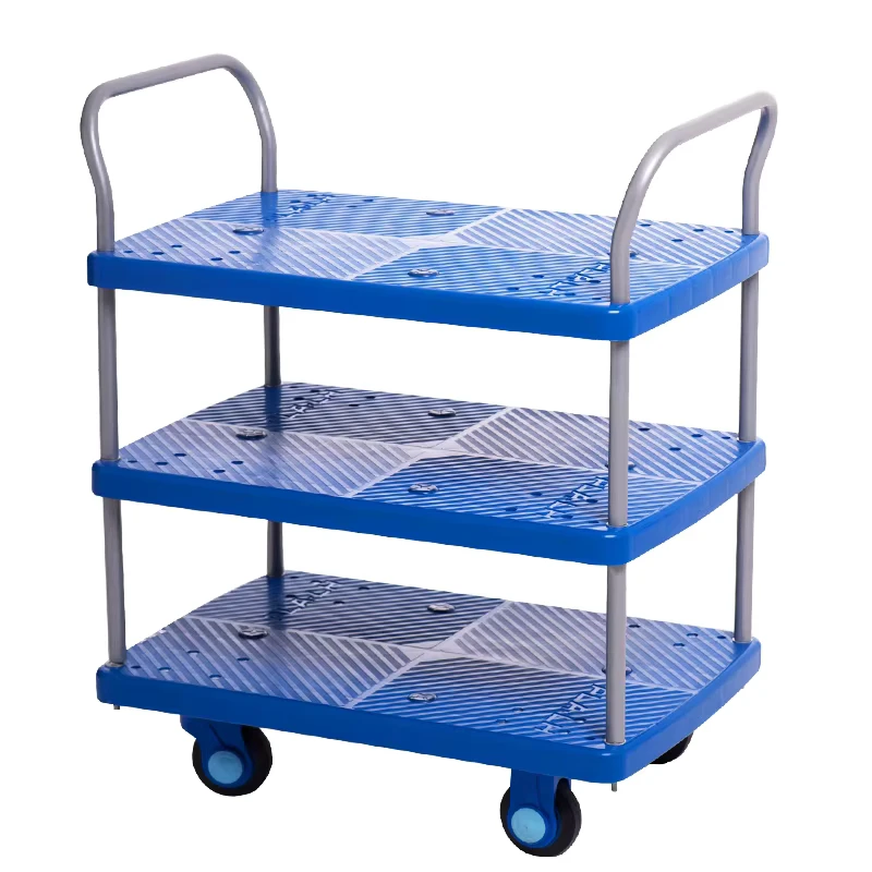 300kg Load Super Mute Hand Cart Multifunctional Plastic Moving Trolley 3 Tier Plastic Platform Trolley With 4 Wheels 900*600mm
